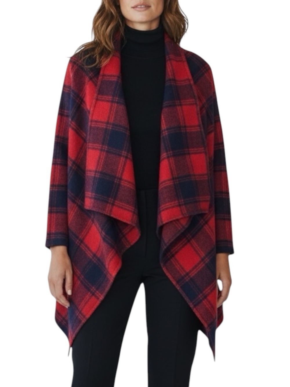 HERS & MINE Red/Navy Buffalo Plaid Shawl Jacket NWT Size Small—XMAS VIBES!!!